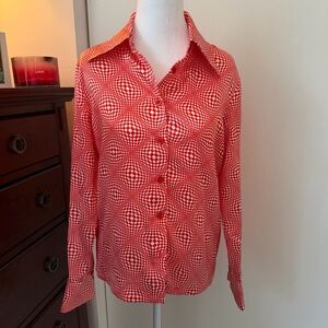 Red and White Geometric Silk Button-Down Shirt